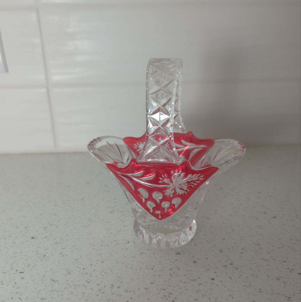 Red and White Glass Art Basket with Geometric Patterns